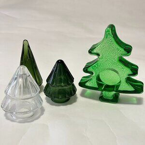 Lot of 4 Glass Christmas Tree Tealight Holders Votive Candle Decor Green & Clear